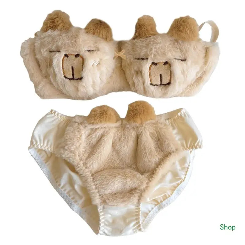 Dropship Women's Anime Capybara Lingerie Plush Bra and Panty Briefs Furry Underwear Set