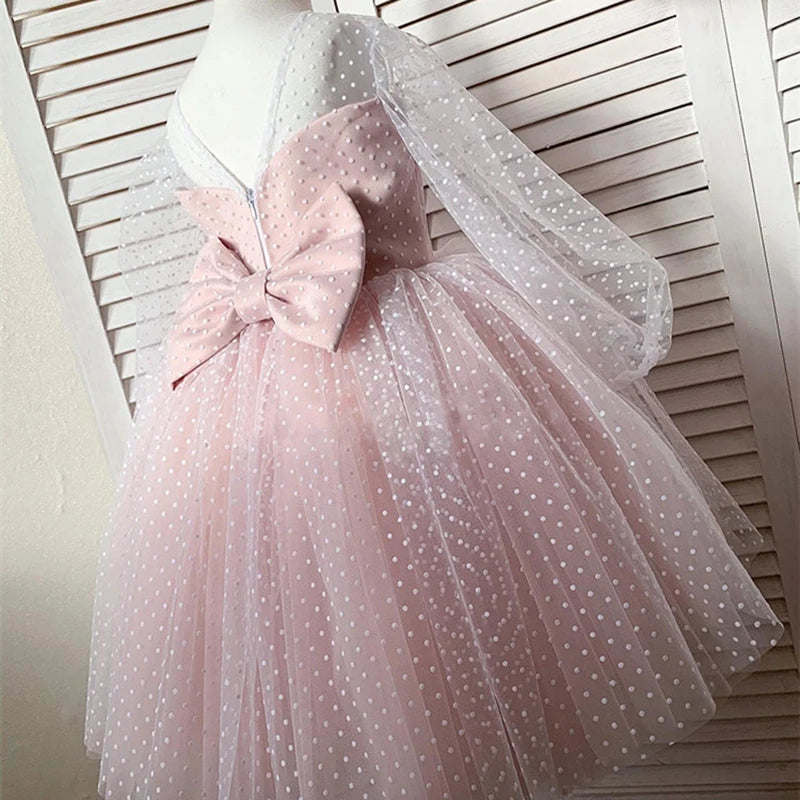 Summer Dress for Kid Girl Polka Dots Pink Mesh Dresses Flower Girls Wedding Tutu Fluffy Vestidos Princess Birthday Party Gown