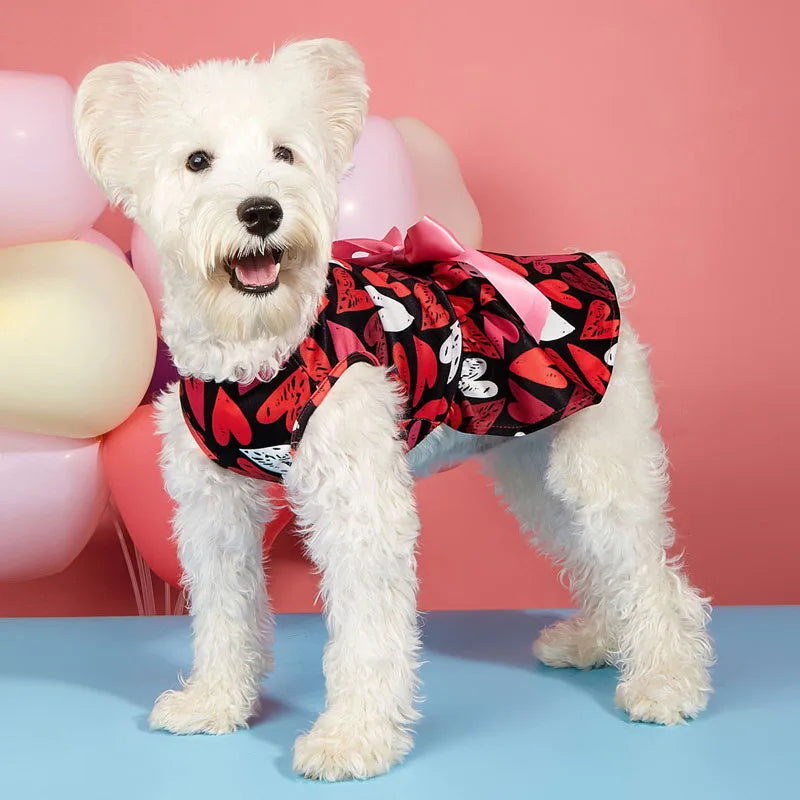Pet Dogs Princess Dress, Heart Print Tie-up Dog cat Costume Valentine’s Day Party Styling Clothes