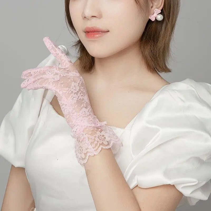 Pink Princess Bow Bridal Veil and Lace Gloves Bridal Wedding Jewelry Set Classic Hair Accessories Birthday Bridesmaid Gifts