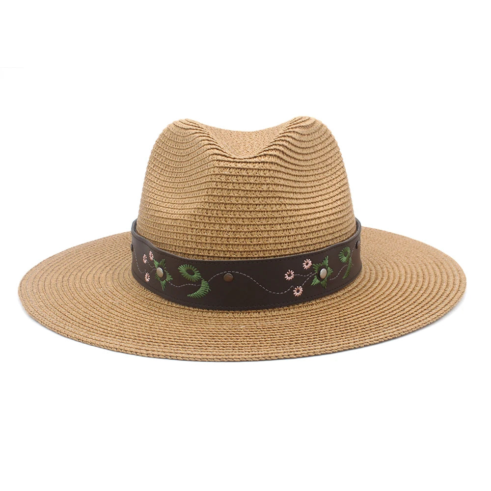 2 Sizes Unisex Men Women Soft Straw Panama Hats Summer Fedora Wide Brim Sunhats Trilby Caps Outdoor Beach Travel Sombrero UK M-L