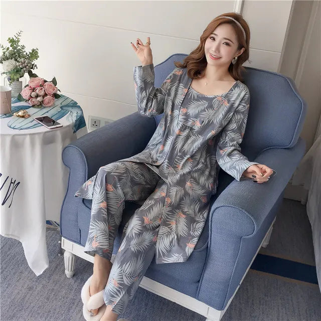 3 Pieces Women Japan Kimono Pajamas Cotton Sleepwear Pijama Soft Home Clothing Floral Printing Sleep Lounge Pyjama Pyjamas Set