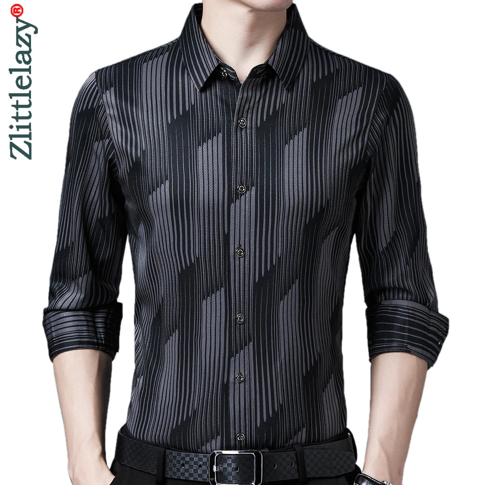 Long Sleeve Men Social Shirt Streetwear Casual Striped Shirts Mens Slim Regular Fit Clothes mon