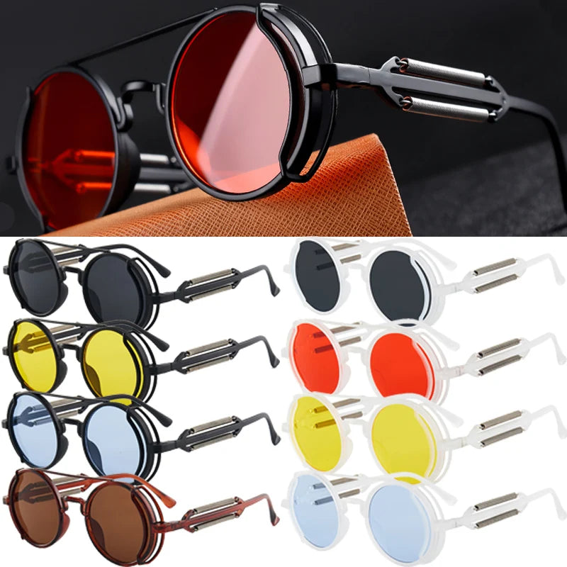 Classic Gothic Steampunk Sunglasses Double Spring Leg Glasses Men's Brand Designer Round Punk Eyewear Women UV400 Protection