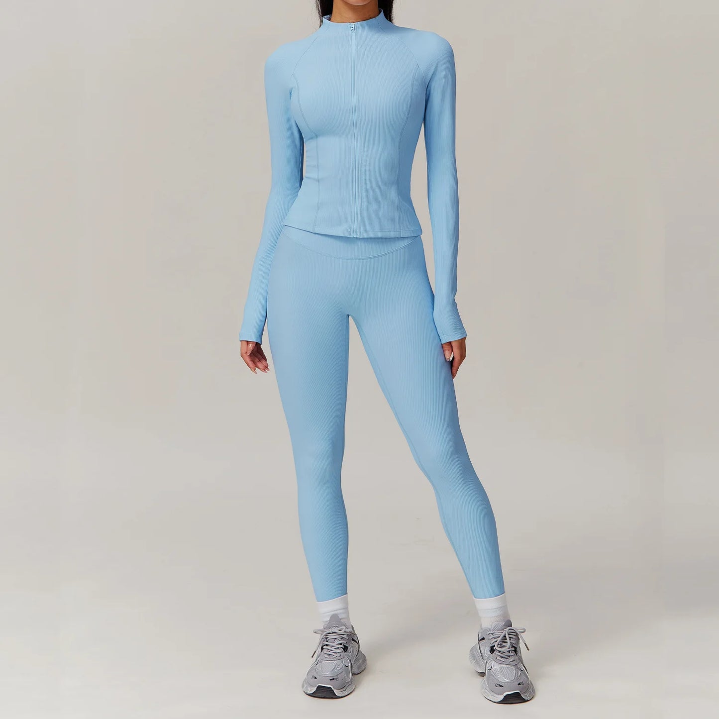 White 2PCS Women Yoga Set Workout Tracksuits Sportswear Gym Clothing Fitness Long Sleeve Jacket Waist Leggings Sports Suit