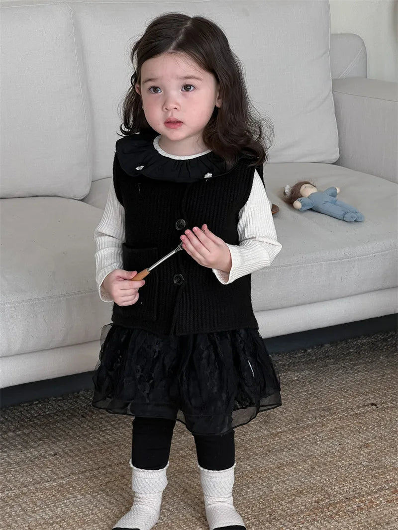 2024 herbst Neue Baby Mädchen Ärmellose Strickweste Infant Mädchen Stricken Strickjacke Kleinkind Pullover Weste Baby Spitze Leggings Kinder Kleidung 