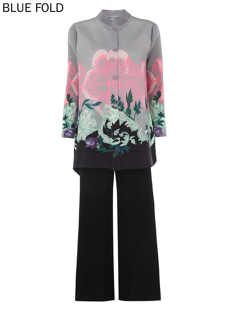 MIYAKE Women's PLEATS Print Casual Suit 2025 Spring New Fashion Stand Collar Midi Top Wide-Leg Pants Two-Piece Set Women Clothes