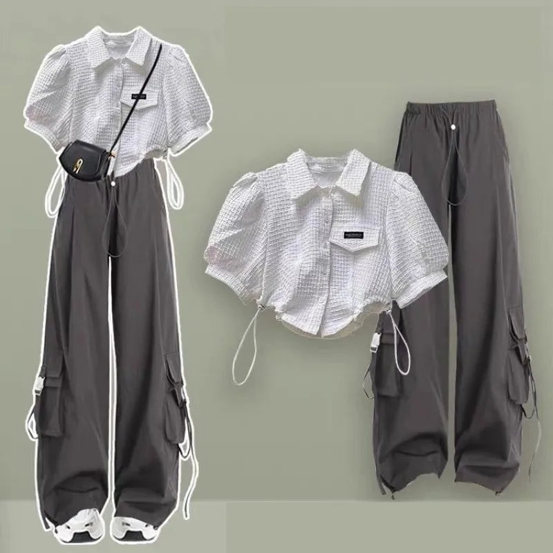 2025 Summer New Chic Tracksuit Matching Set Girl Casual Short Short-sleeved Top+Loose Cargo Pants Two Piece Female Clothes Suit