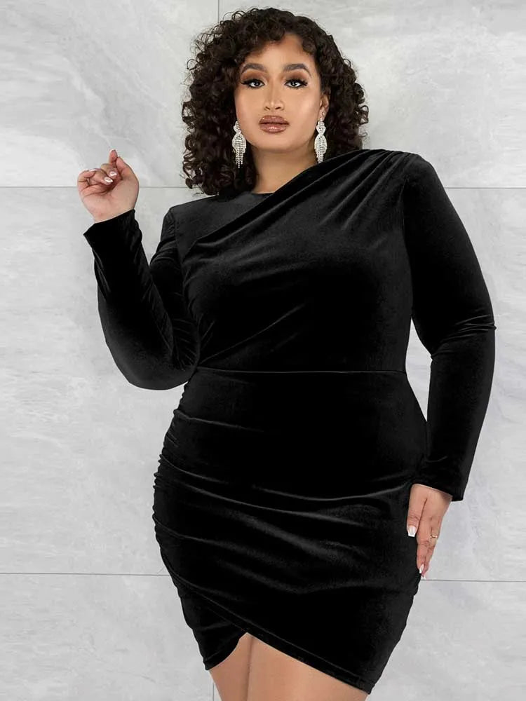 Plus Size Fashion Women Clothing Curvy Dresses Velvet Winter Party Dress Evening Low Back Draped Dresses Wholesale Dropshipping
