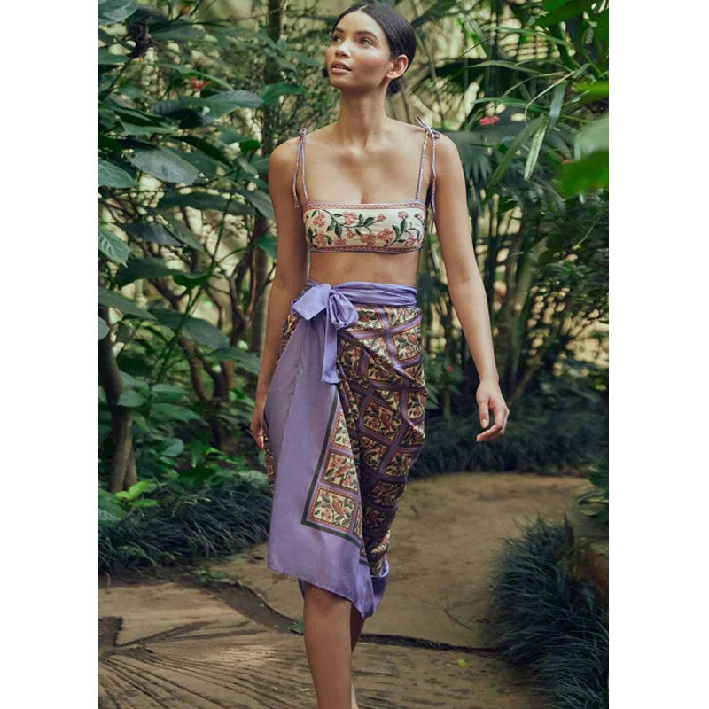 Purple Flower Print Chest Wrap Bikinis Set 2023 Women Swimsuit Push Up High Cut Swimwear Low Waist Micro Biquini Bathing Suit