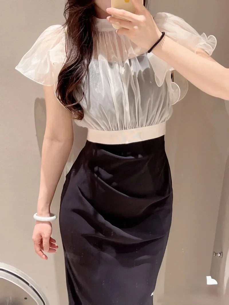 Neploe Ruffled Perspective Top+pleated Slim Waist Strap Dress Japanese 2024 Summer Conjunto Femenino Womens Two Peice Sets