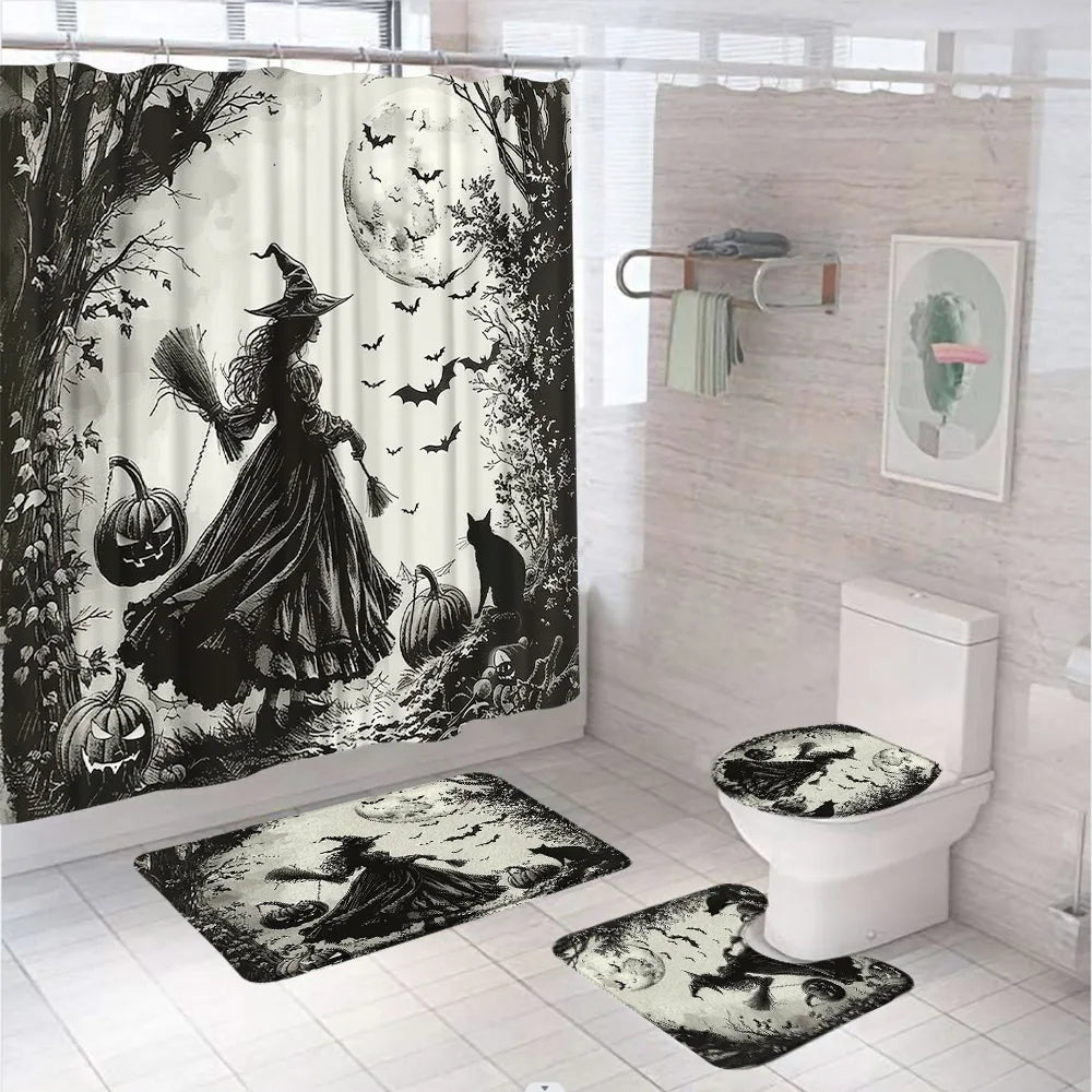 Funny Ghost Shower Curtain Set Halloween Skull Bat Flower Pumpkin Bath Screen Bathroom Mat Non Slip Rug Carpet Toilet Cover Home improvement decortion
