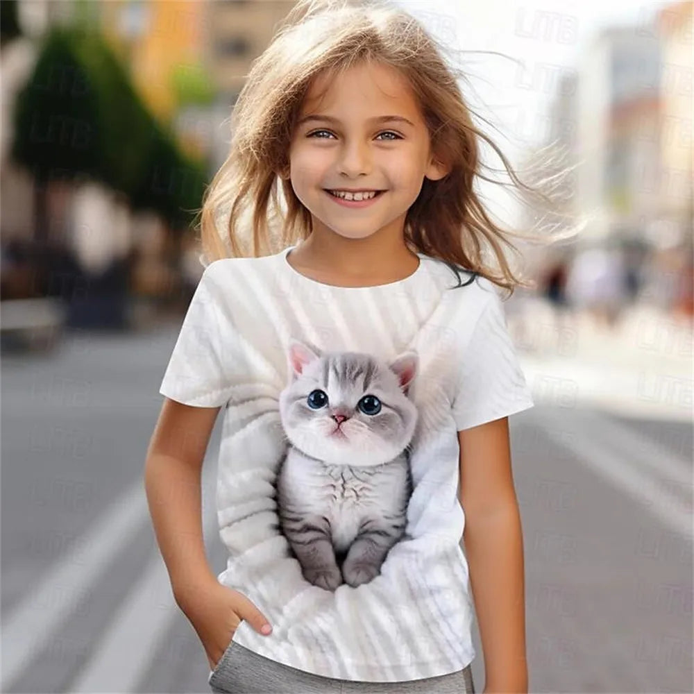 Kinderkleidung für Mädchen, T-Shirt mit 3D-Katzen-Print, kurzärmelig, Kinderkleidung, modische Kostüme für Mädchen, Top im Alter von 2 bis 12 Jahren 