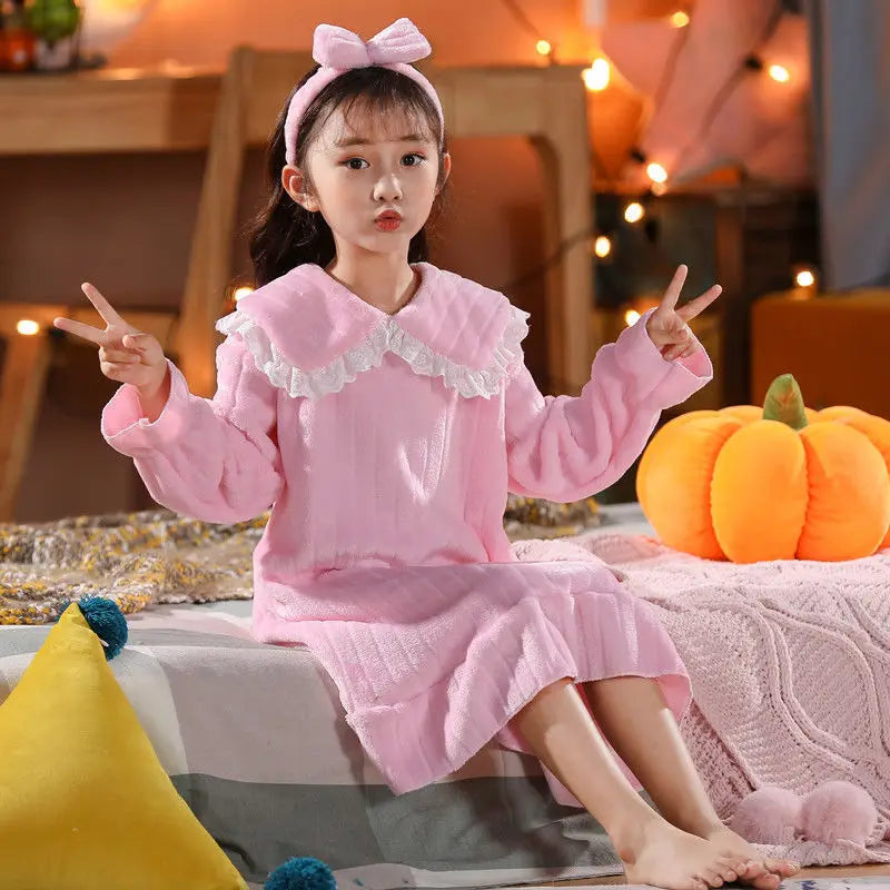 Autumn Winter Girls Flannel Nightdress Children Long-sleeve Nightdress Round Neck Bowknot Decoration Princess Style Pajamas