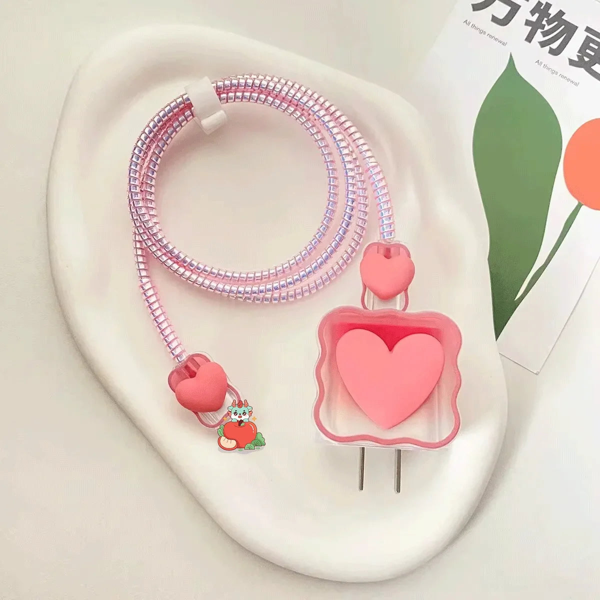 Charger Protector Cable Organiser for iPhone 14 13 Pro Max 18W 20W 3D Cartoon Love Heart Data Cable Management Cord Winder Kit