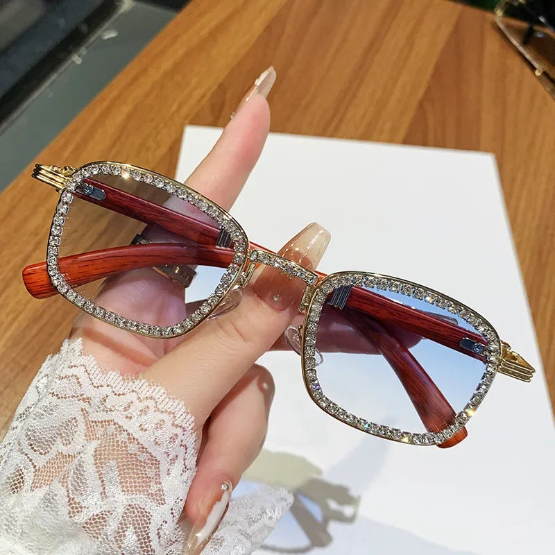 2025 Square Diamond Sunglasses for Women with A High-end Feel Imitation Wood Grain Legs Girls Sunglasses with Rhinestone