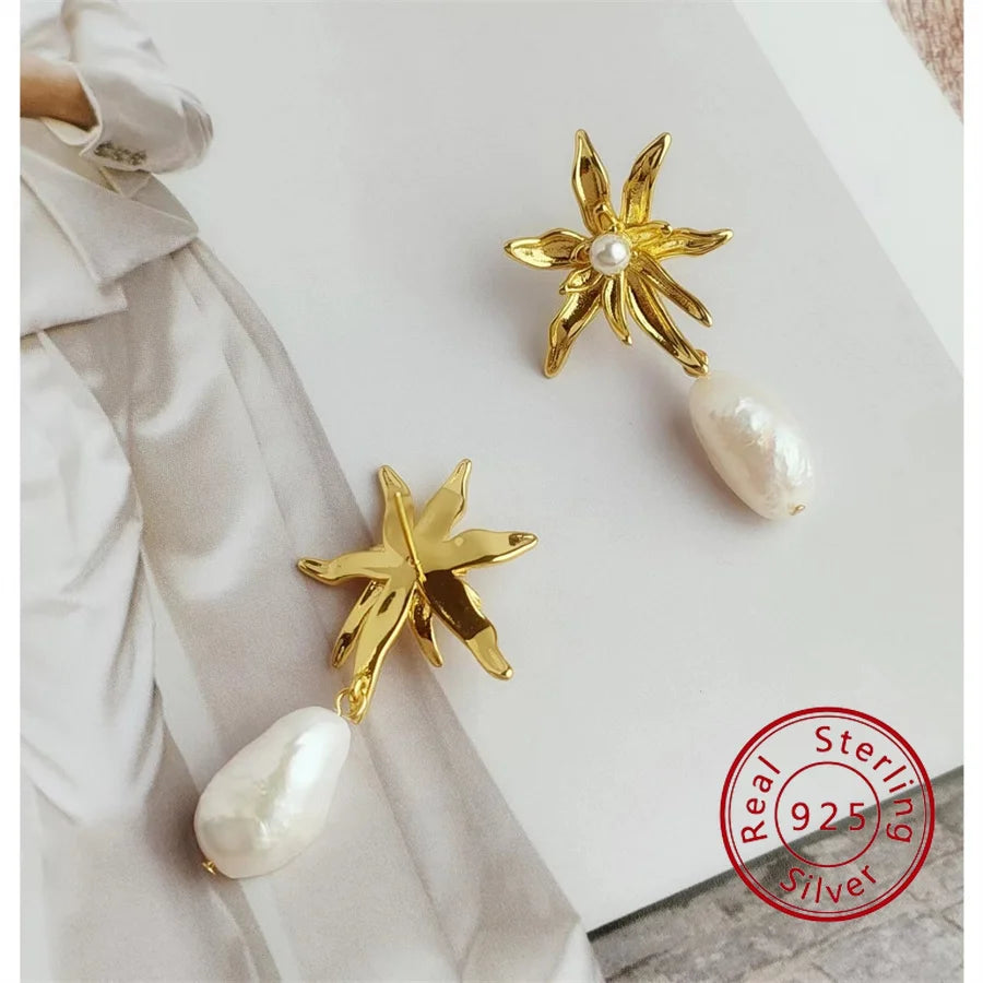 Luxury 925 Silver Needle Sunflower Baroque Pearl Dangle Earring Irregular Freshwater Pear Drop Earrings for Women Party  Jewelry