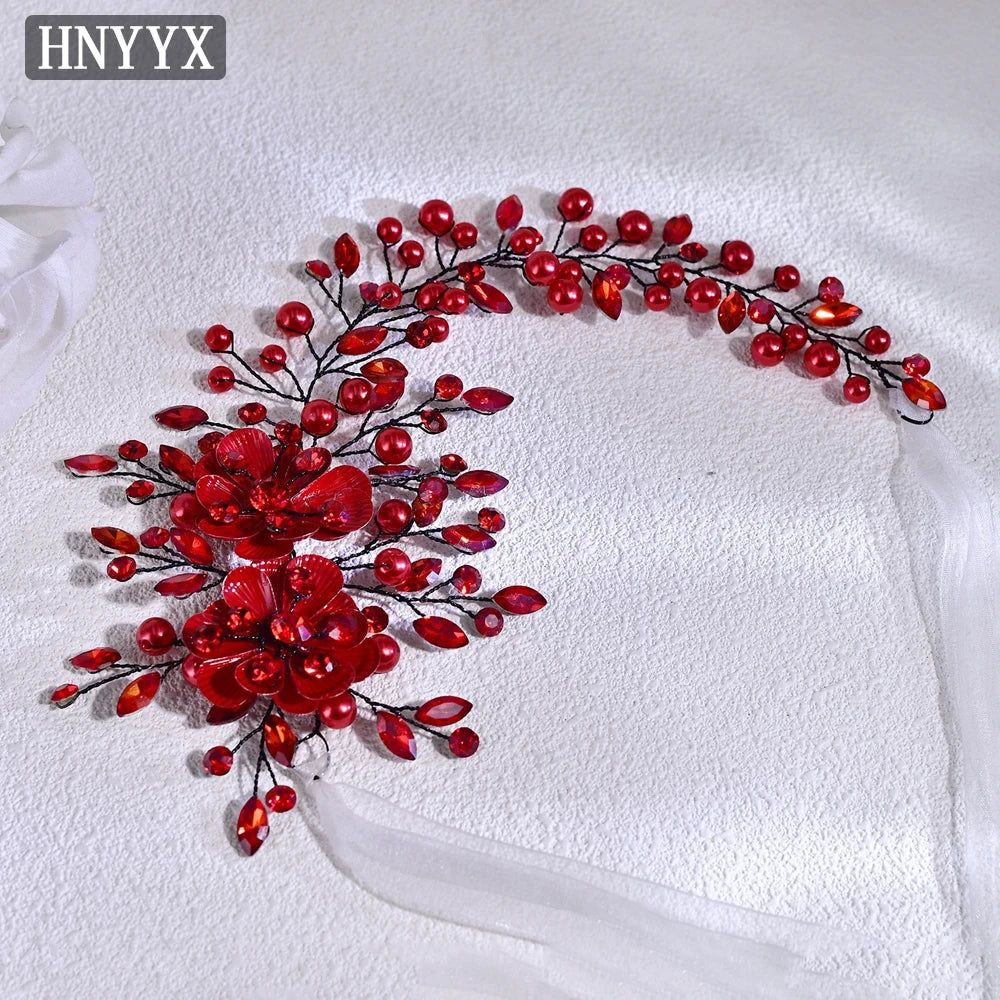 HNYYX Pearl Crystal Flower Headband Women's Red Hair Accessories Bridal Party Queen Wedding Headpieces Jewelry Hair Tiara A265