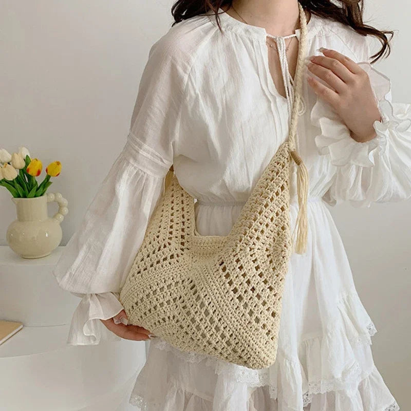 Women Crochet Tote Bag Fashion Knitted Bag Large Capacity Hollow Out Bag Solid Color Tassels Woven Shoulder Beach Tote 2024