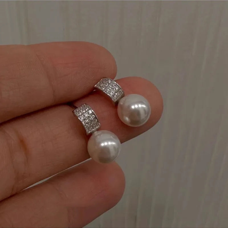 Girls 925 Sterling Silver French Temperament Geometric CZ Pearl Stud Earrings For Women Girls Wedding Party Jewelry