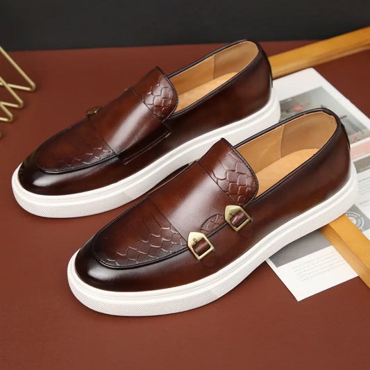 New Fashion Men Crocodile Pattern Monk Strap Thick Bottom Lace Up Shoes Male Casual Loafers Formal Dress Footwear Zapatos Homre