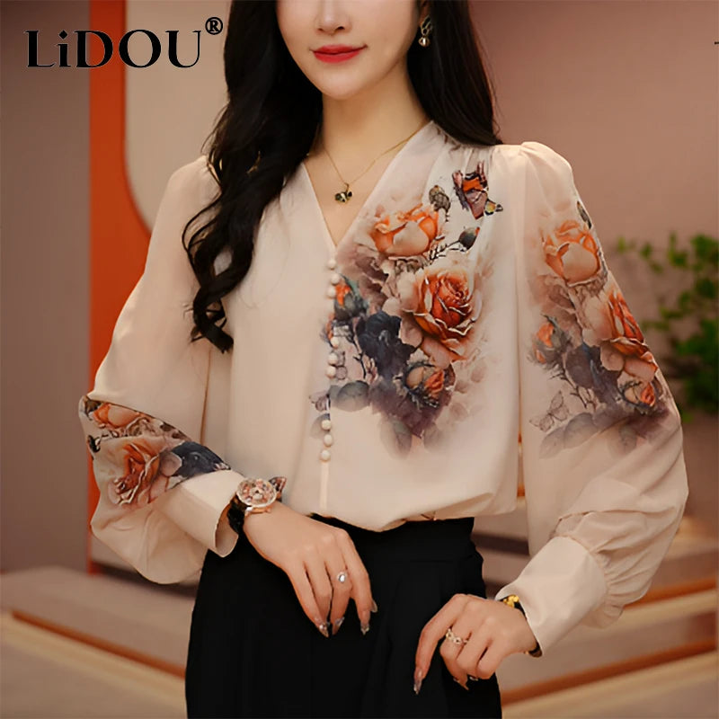 V-neck Vintage Printed Long Sleeve Shirt Female Elegant Fashion All-match Pullover Blouse Women oversized Blouse