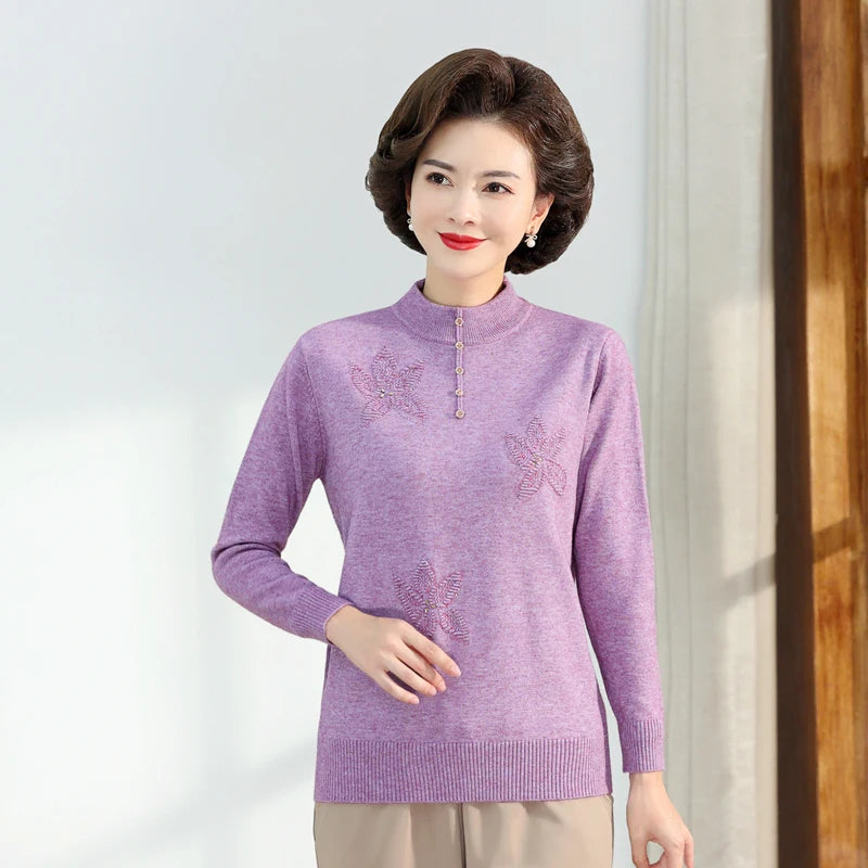 Middle-aged Women's Autumn Sweaters Pullovers V-neck JUmper Hot diamond Knitting Sweater Mother Dress Tops