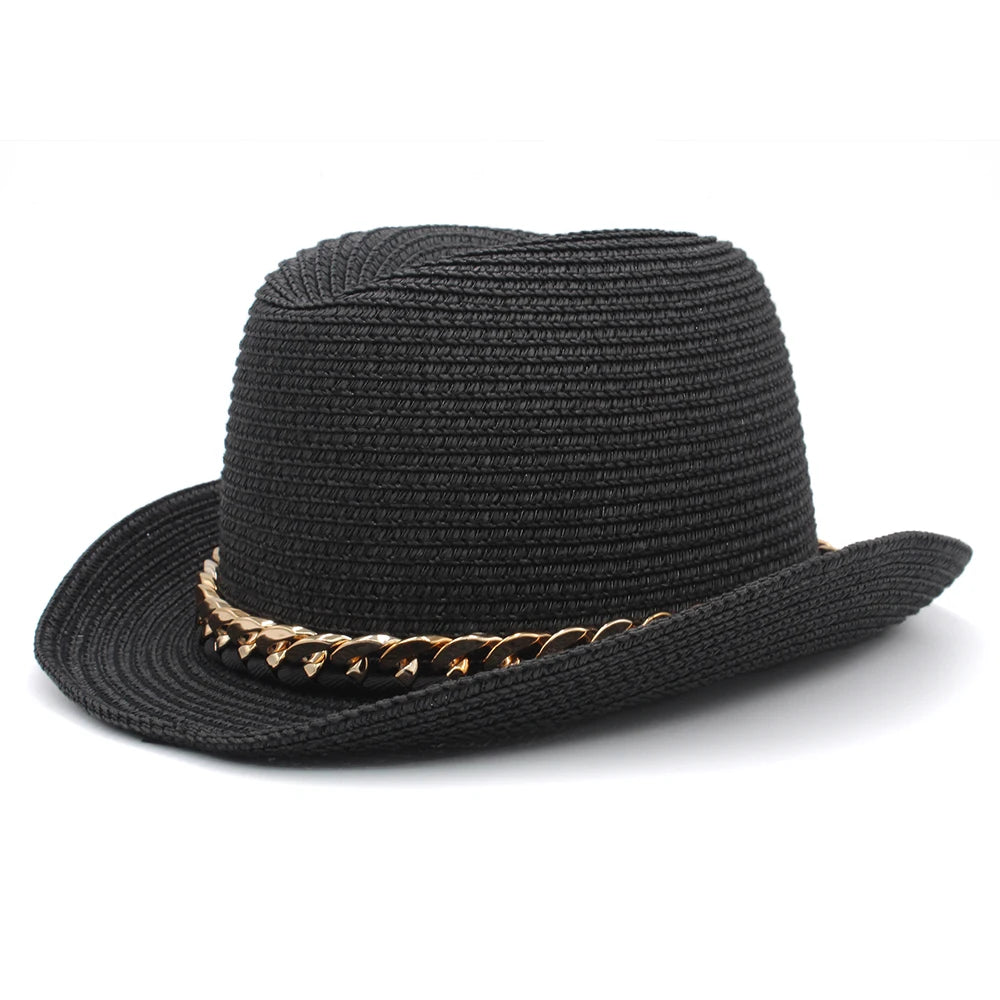 Men Women Summer Solid Straw Homburg Hats Classical Retro Fedora Caps Trilby Sunhat Party Beach Travel Outdoor Adjustable Size