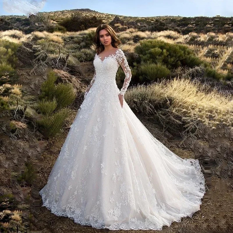Women Long Sleeve V Neck Lace Floor-Length Bride Clothing White Fashion Party Church Formal Wear Dresses Elegant Formal Dress !!!