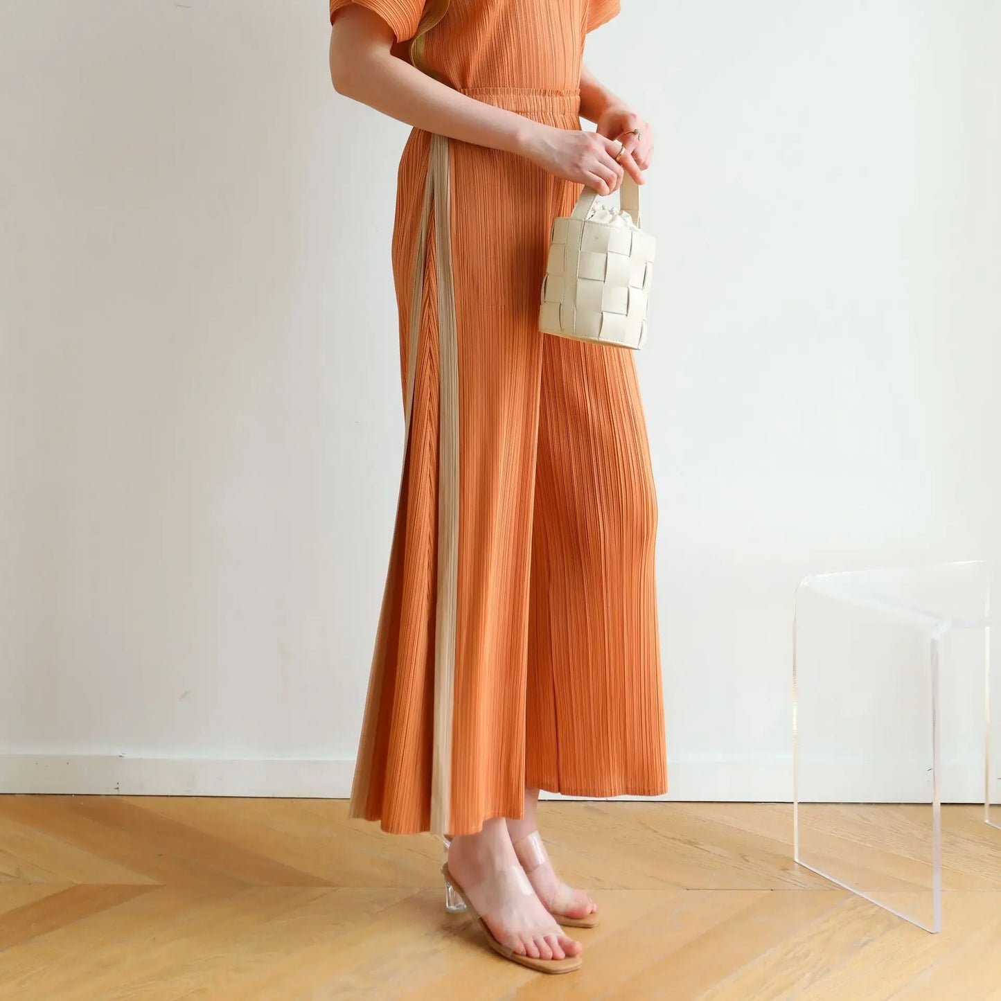 MIA XU Pleats Pants Sets 2025 Summer Miyake High-end Pleats Color Blocking False Two Pieces Fashion Casual T-shirt Pants Set