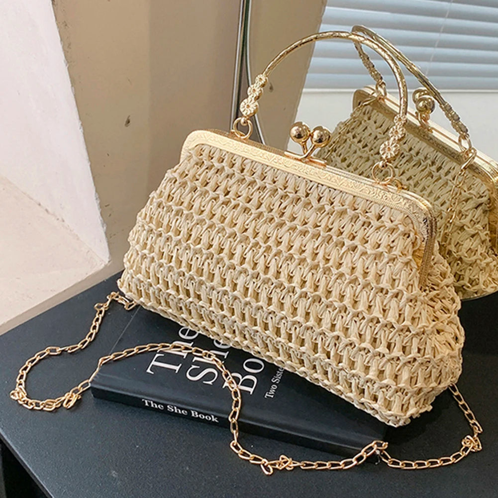 Summer Beach Straw Bags Exquisite Gold Chain Party Banquet Purse Hand Woven Handbag Female Clutch Bag Shoulder Crossbody Bags