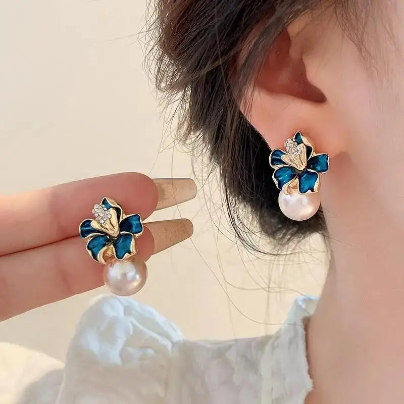 925 Silver Needle Korean Vintage Oil Painting Pearl Flower Earrings For Women Jewelry 2024 Trending New Luxury Women's Earrings