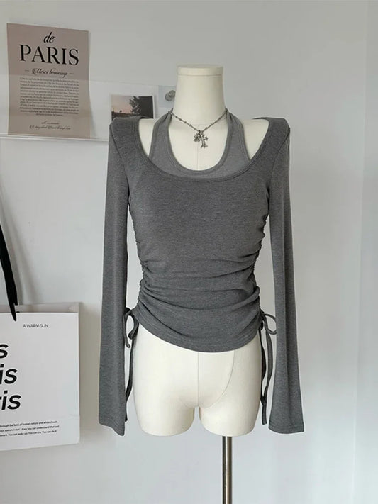 2025 New Spring Drawstring Tie Up Tops Female Vintage Slim Pleated Clothes Simple Basic Fake Two Pieces Solid Color Women Tops clothes