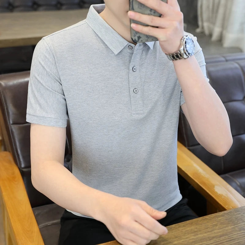 Summer Short Sleeve Men's Solid Button Pullover Turn-down Collar Vacation T-shirt Casual Formal Undershirt Preppy Style Tops