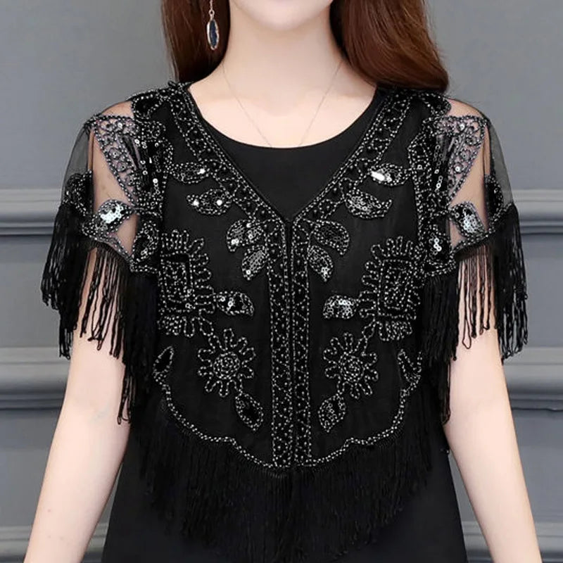 Bling Tassels Blouse Shirt Women Summer Sequin Casual Tops Evening Shawl Wraps Mujer Poncho Shirt Party Club Clothing