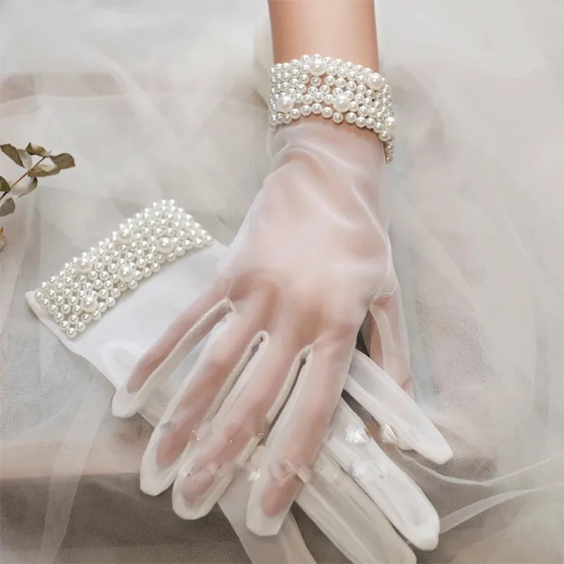 Bride Mesh Thin Short Pearl Imitation Gloves