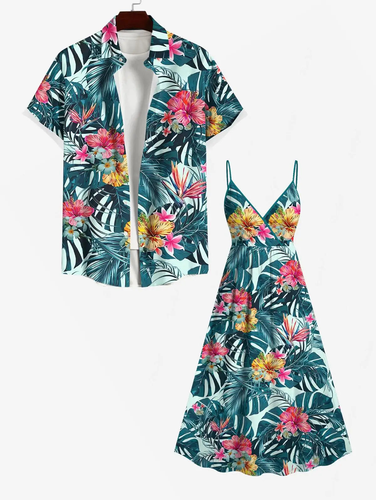 Matching Set Couples Clothes Hawaiian Casual Vacation Outfits, V Neck Women Cami Dress 3D Graphic Print Buttons Shirt For Men