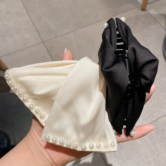 New Fashion Large Solid Colour Satin Pearl Bow Hair Clips Elegant ponytail clip Sweet Girl Hair Clip Headwear Hair Accessories
