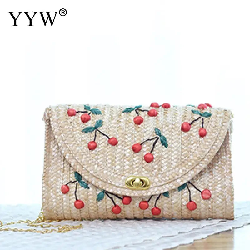 Fruit Pattern Clutch Bags for Women Rattan Weaving Beach Bag Small Women's Purse Handbags Bohemian Female Shoulder Bags