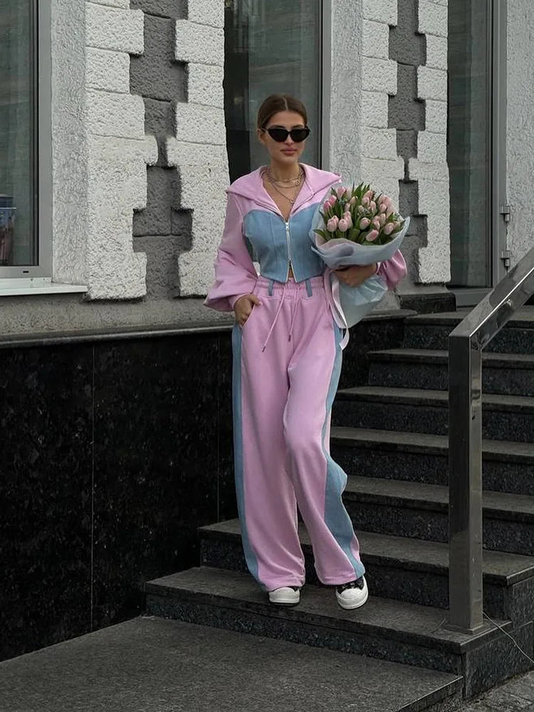 Casual Patchwork Denim 2 Piece Sets Women Outfit Slim Hoodies Crop Top Wide Leg Sweatpants Suit Streetwear Fashion Tracksuits