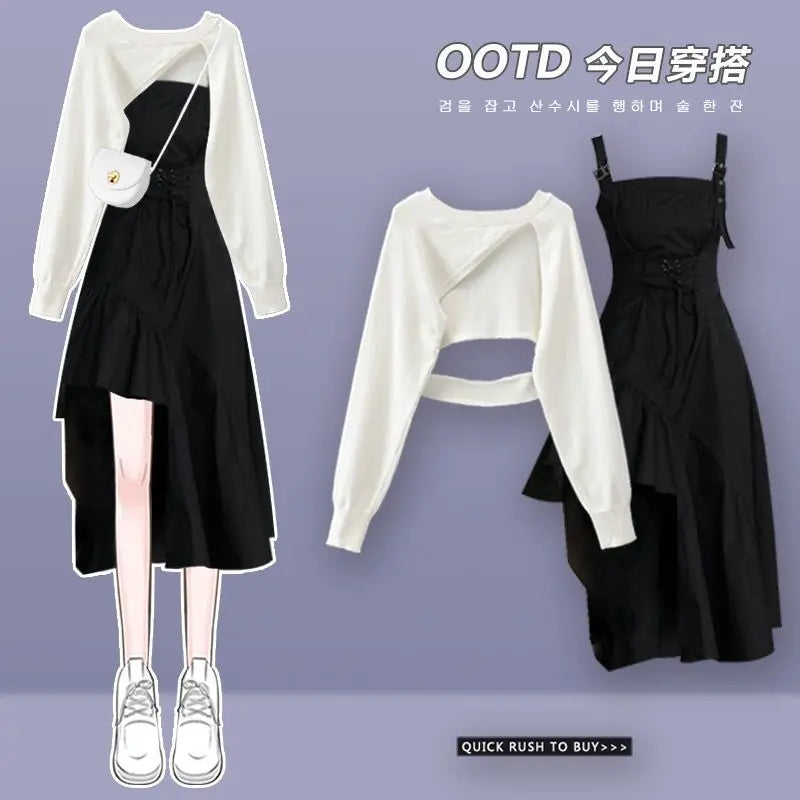 2024 Women's Autumn New Fashion Dress Matching Set Korean Elegant Short Irregular Long Sleeve Top+Strap Skirt Two Piece Suit