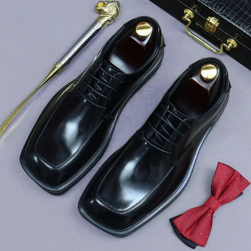 Patent Cow Leather Mens Dress Shoes Luxury Handmade Quality Genuine Leather Square Toe Elegant Wedding Social Derby Shoes Male