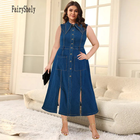 2025 Summer Button Plus Size Denim Dress Women Sleeveless Large Jean Dresses Ladies Big Turn-down Collar Split Curvy Long Dress