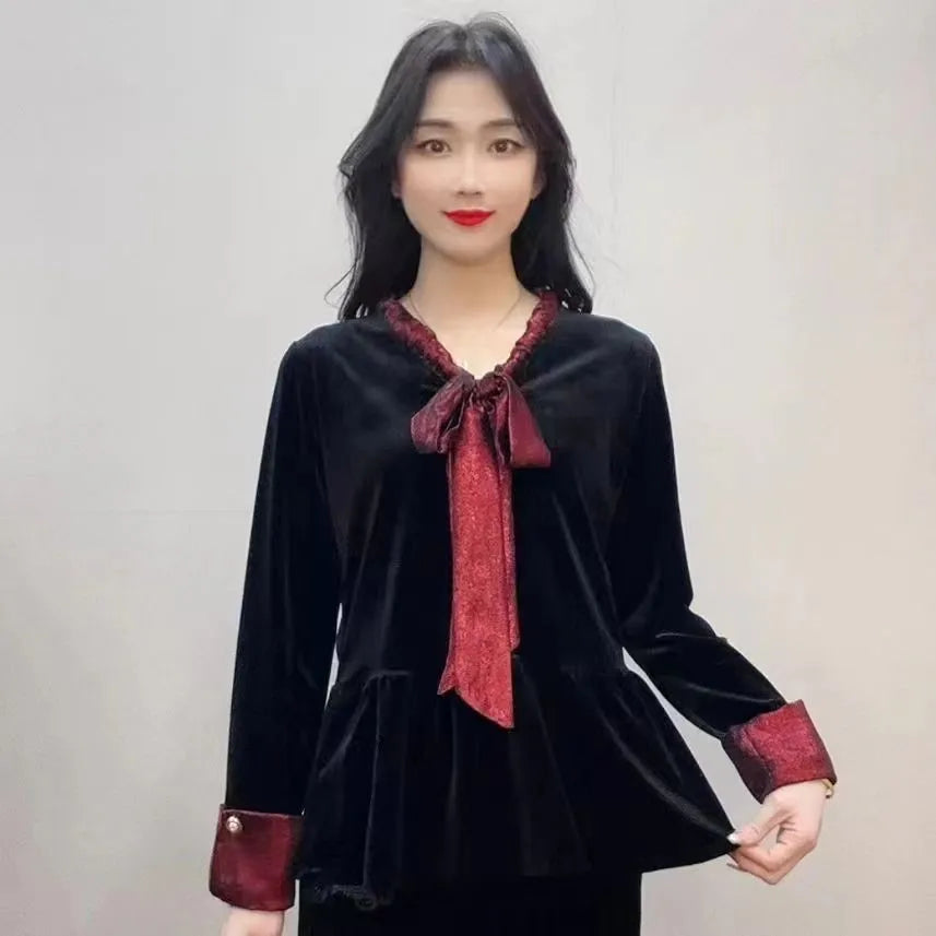Women Bowtie collar Elegant Basic Blouse Spring Autumn Fashion Gold Velvet Shirt Long Sleeve Pullover Tops Women's Clothing