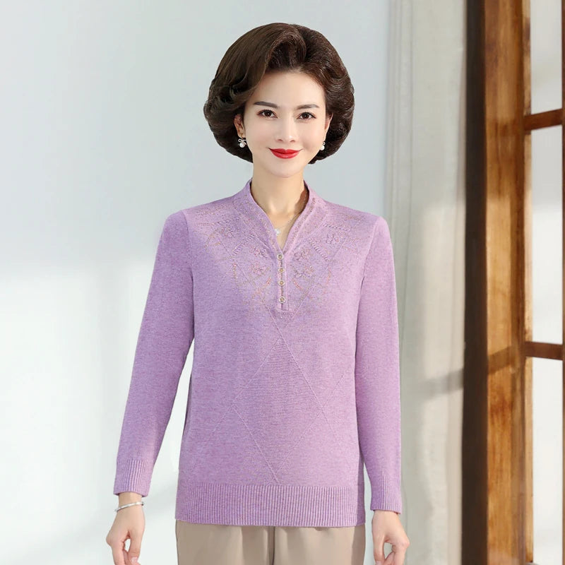 Middle-aged Women's Autumn Sweaters Pullovers V-neck JUmper Hot diamond Knitting Sweater Mother Dress Tops