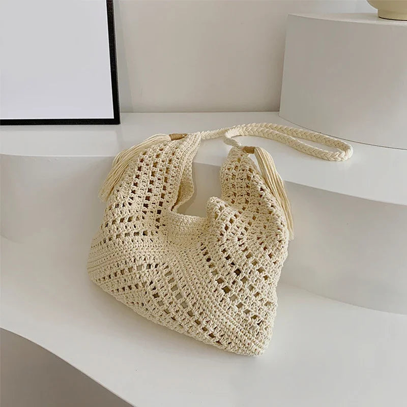 Women Crochet Tote Bag Fashion Knitted Bag Large Capacity Hollow Out Bag Solid Color Tassels Woven Shoulder Beach Tote 2024