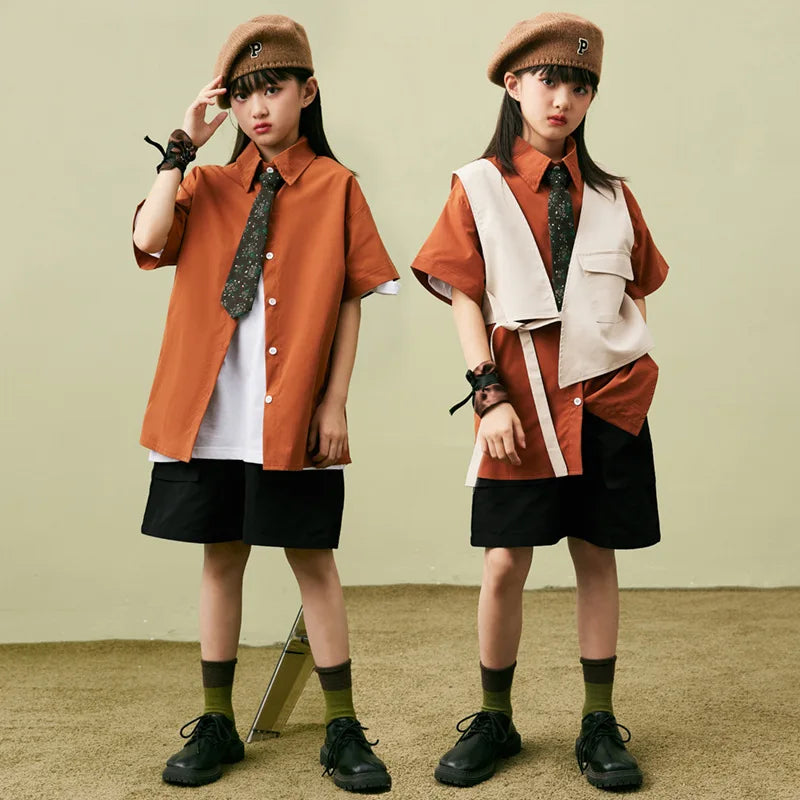 Children Clothes Girls Boys Summer New Lapel Shirt White Vest Black Elastic Waist Shorts 3pcs Jazz Dance Outfit Performance Wear