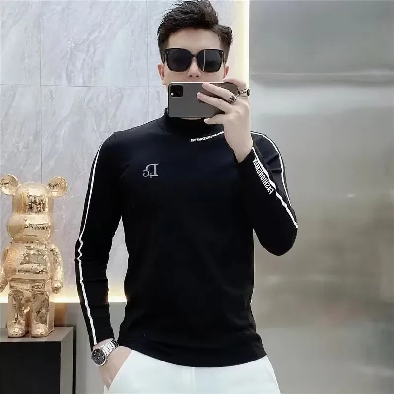 Luxury Embroidery Half High Collar Bottoming Shirt for Men Slim Fit Casual Long Sleeved T-shirts Social Sweatshirt Pullover