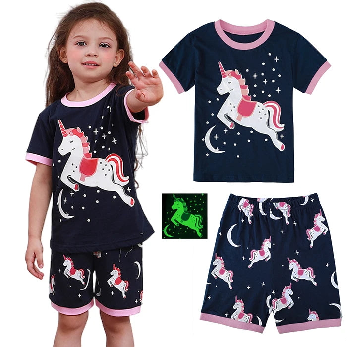 Kids Girls Unicorn Pajamas Set Toddler Summer Cotton Sleepwear Cartoon Birthdday Gift Short Sleeve Nightwear Clothes 3-10Y
