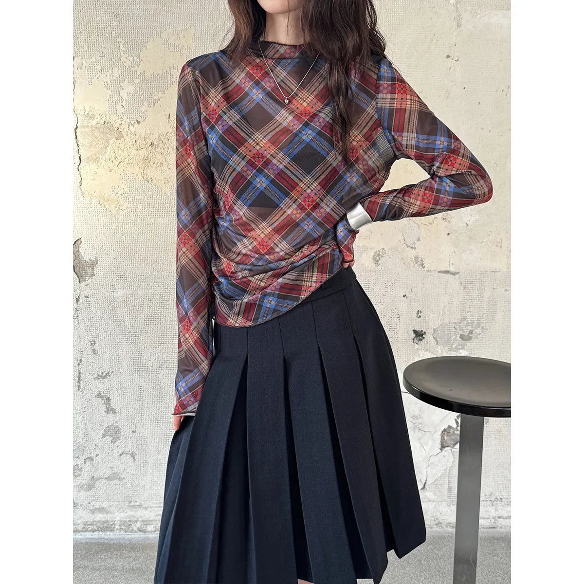 Women Clothes American Style Plaid Mesh T-shirt 2025 Spring Design Spice Girls Pleated Slimming Fashionable Casual Top